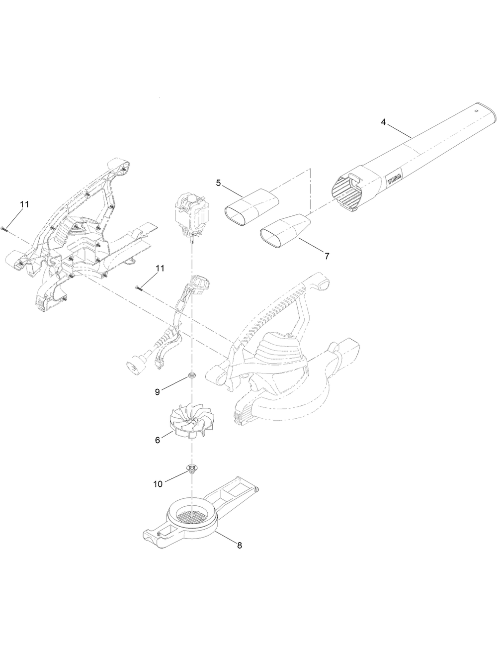 Blower Tube And Impeller Assembly Diagram and Parts List for 51670 (320000001 - 320999999)(2020) Lawn Boy Leaf Blower / Vacuum